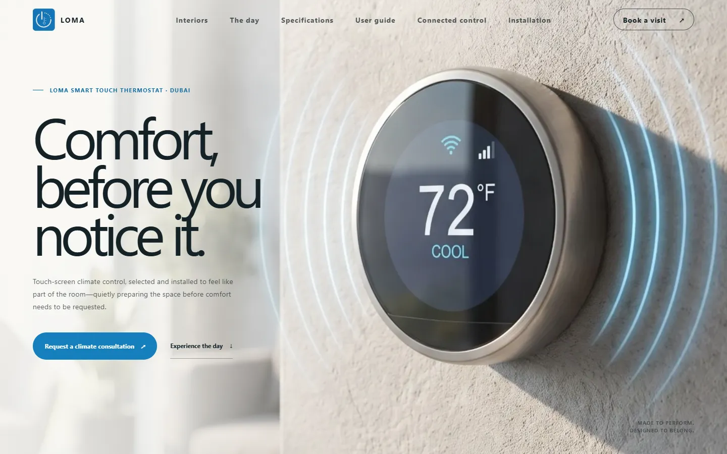 The LOMA website: a round smart thermostat glowing blue on a stone wall